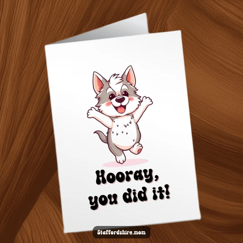 Funny Free Printable Congratulations Card: A Staffordshire dog enthusiastically hopping with joy and excitement, celebrating good news.