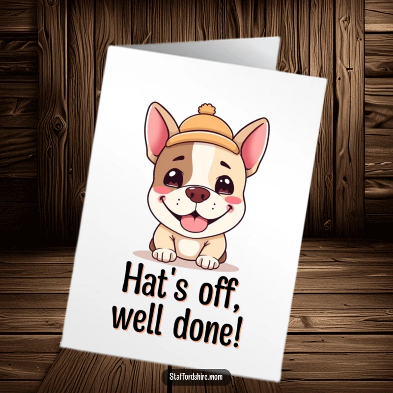 Funny Free Printable Congratulations Card: A kawaii Staffordshire terrier sporting a tiny hat and a wide, silly grin.