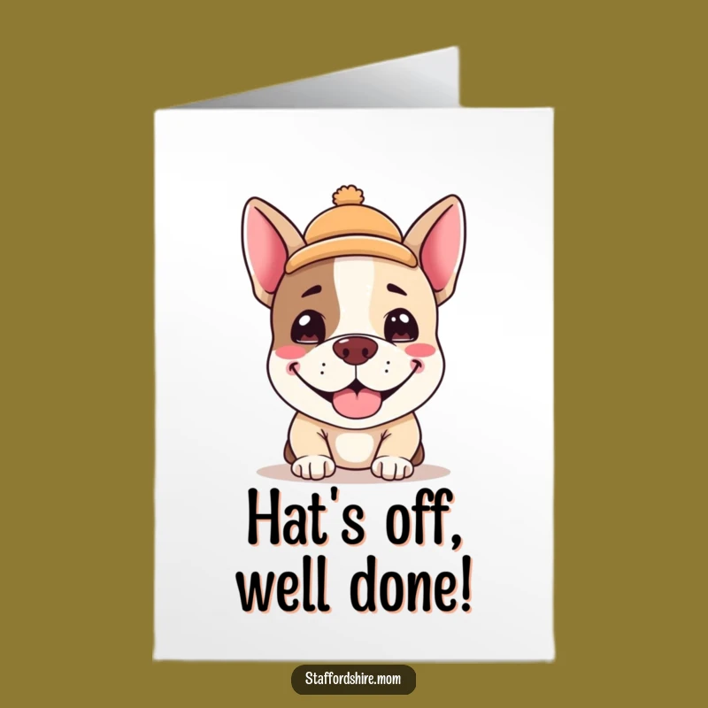 Free Printable Kawaii Staffy Congrats Card: Humorous Hat Dog Downloadable Gift