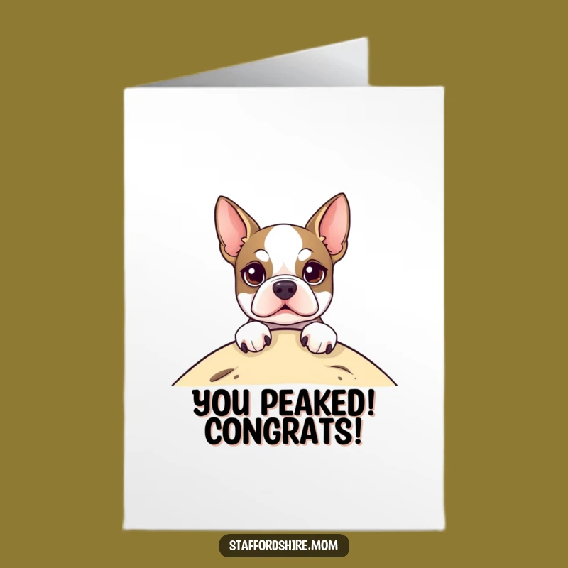 Free Printable Staffordshire Terrier Congrats Card - Cheerful Dog Peeking Over Hill Downloadable