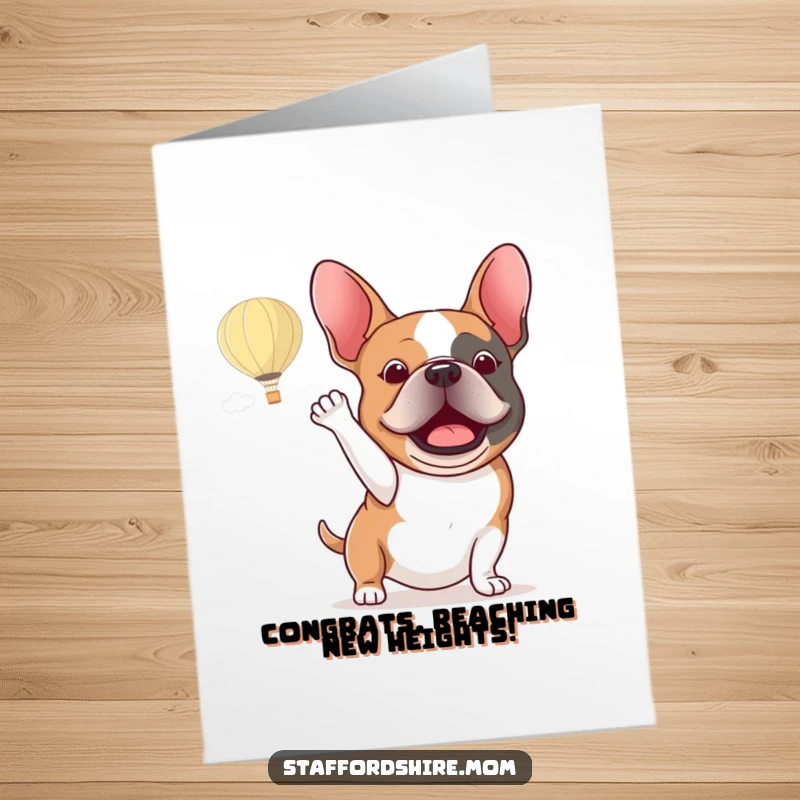 Funny Free Printable Congrats Card: Staffordshire bull terrier waving energetically at a passing hot air balloon.