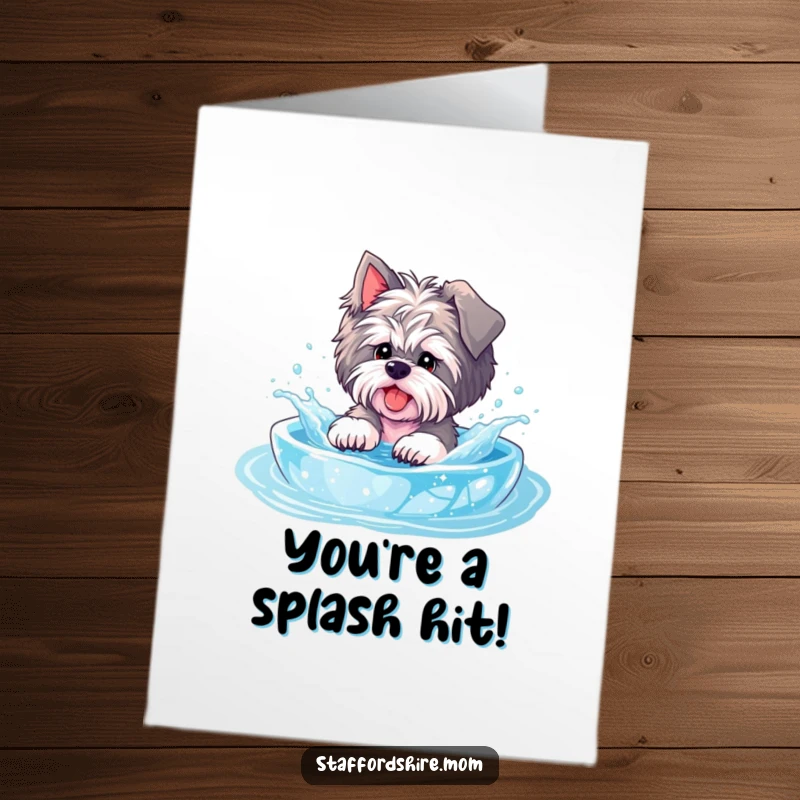 Funny Free Printable Congratulations Card: A joyful Staffordshire playfully splashes in a shimmering, bubbly pool, embodying pure celebration.