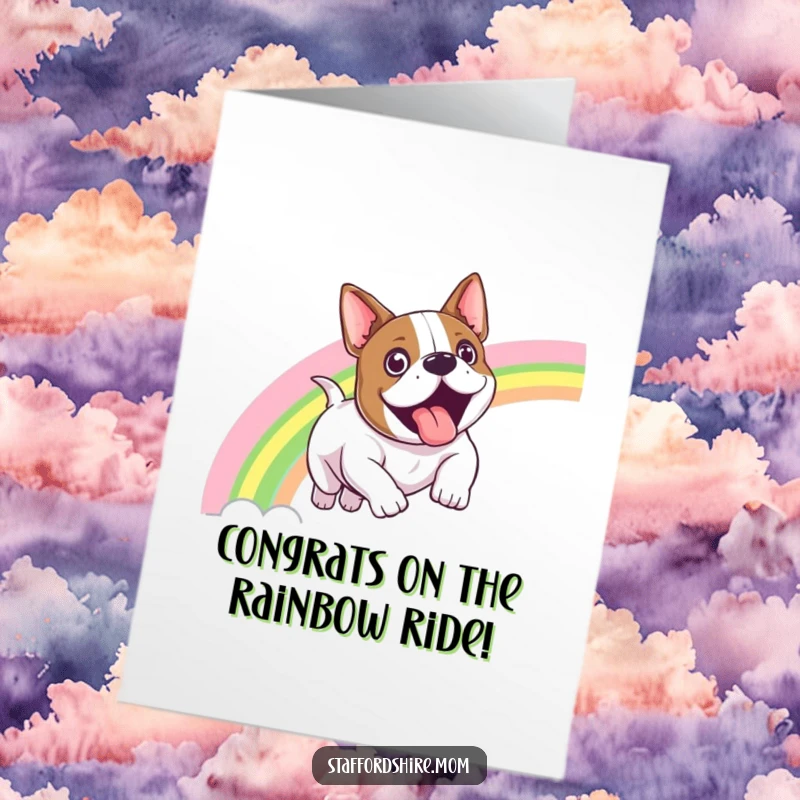 Funny Free Printable Congrats Card: A joyful Staffordshire bull terrier speeding down a colorful rainbow.