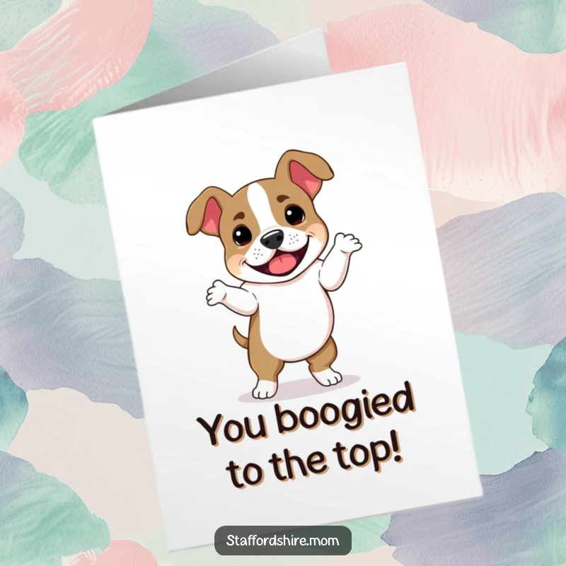 Funny free printable congratulations card: A joyful Staffordshire Bull Terrier captured mid-dance with floppy ears, celebrating big news.