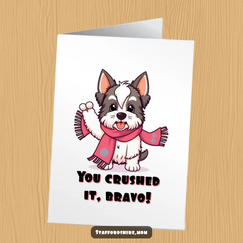 Funny Free Printable Congratulations Card: A Staffordshire dog enthusiastically waves a colorful, patterned scarf, cheering on success.