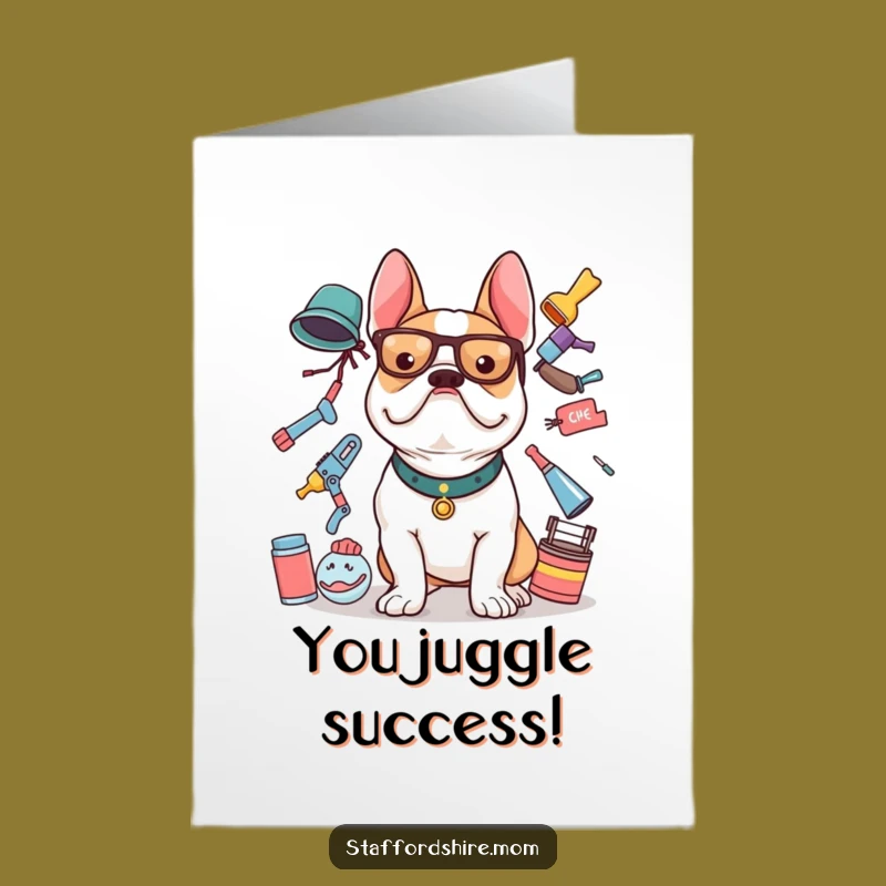 Free Printable Congratulations Card: Bull Terrier Juggle - Downloadable Success Greeting