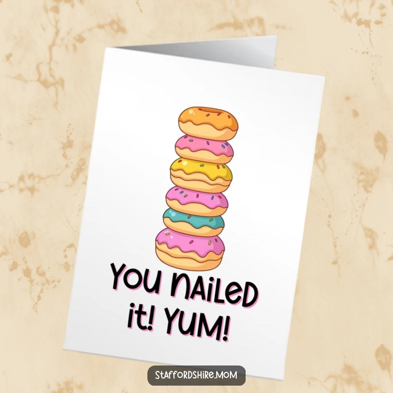 Funny Free Printable Congratulations Card: A Staffordshire holds a wobbly tower of giant, colorful donuts with impressive balance.