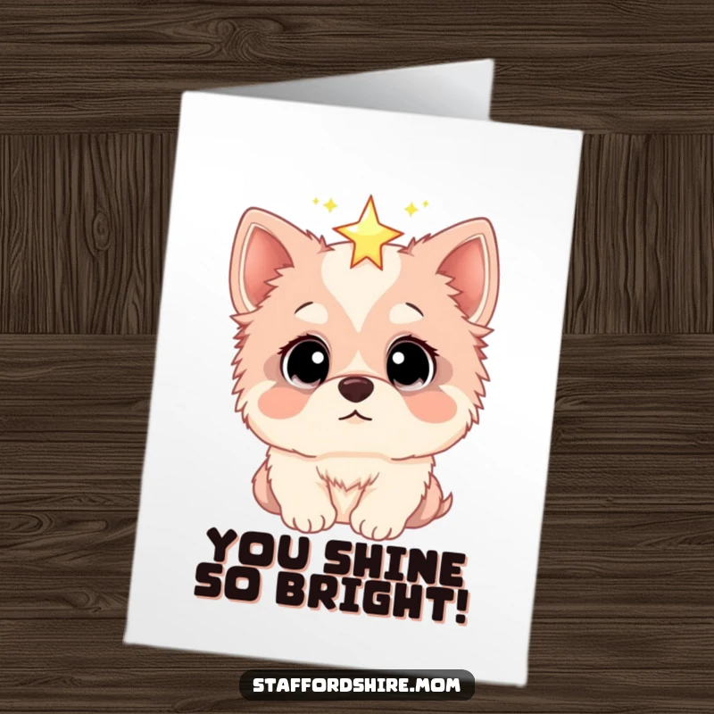 Funny Free Printable Congratulations Card: A wide-eyed Staffordshire looks on in awe at a bright, sparkling star, celebrating success.