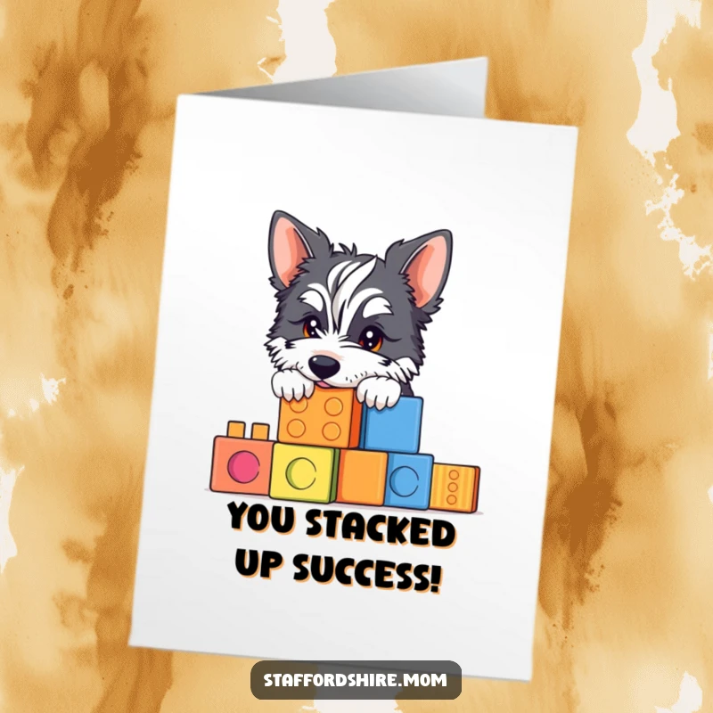 Funny Free Printable Congratulations Card: A Staffordshire peeking over colorful building blocks, celebrating achievements with quirky humor.