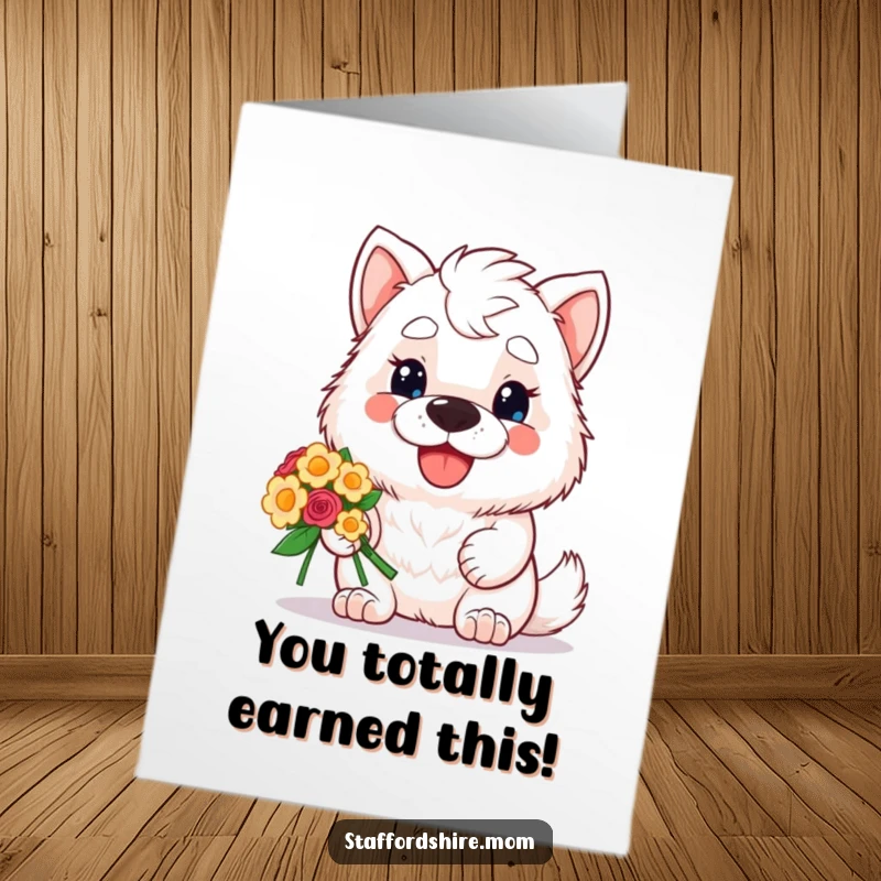 Funny Free Printable Congratulations Card: A happy, grinning Staffordshire dog offering a vibrant bouquet of flowers for any achievement.