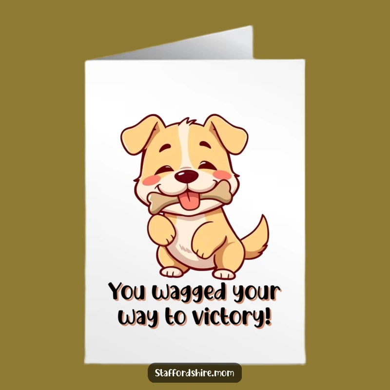 Free Printable Congrats Card: Happy Wiggling Dog with Bone, Funny Downloadable