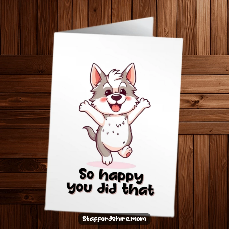Funny Free Printable Thank You Card: A delightful Staffordshire dog caught mid-hop, radiating happiness and gratitude.