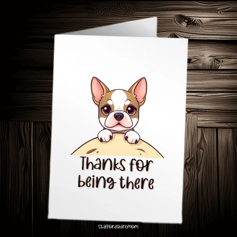Funny Free Printable Thank You Card with a cute Staffordshire Terrier peeking over a hill, conveying heartfelt thanks.