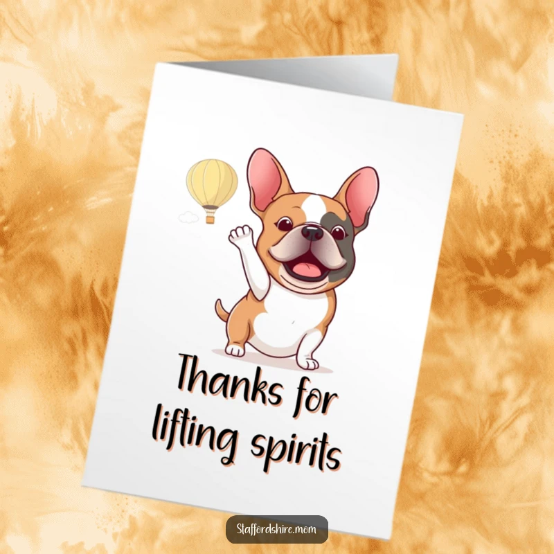 Funny Free Printable Thank You Card: A cute Staffordshire bull terrier waving hello to a hot air balloon.