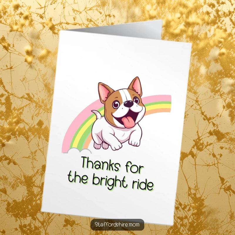 Funny Free Printable Thank You Card: A happy Staffordshire bull terrier joyfully sliding down a bright rainbow.