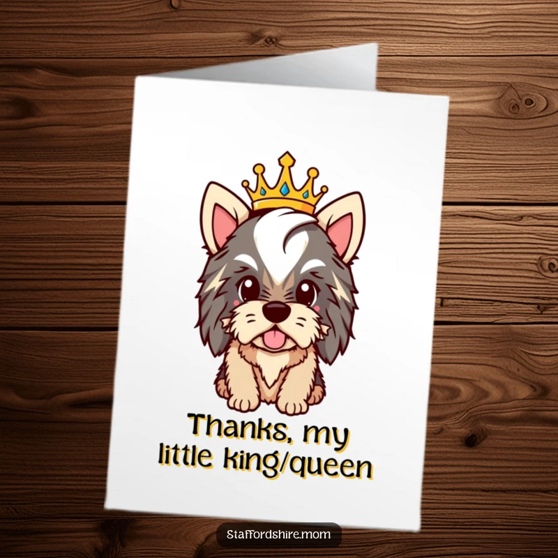 Funny Free Printable Thank You Card: A Staffordshire wearing a tiny crown beams with pride, a funny way to say thank you.