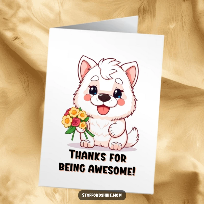 Funny Free Printable Thank You Card: A kawaii Staffordshire with a happy grin presents a cheerful bouquet, perfect for saying thanks.