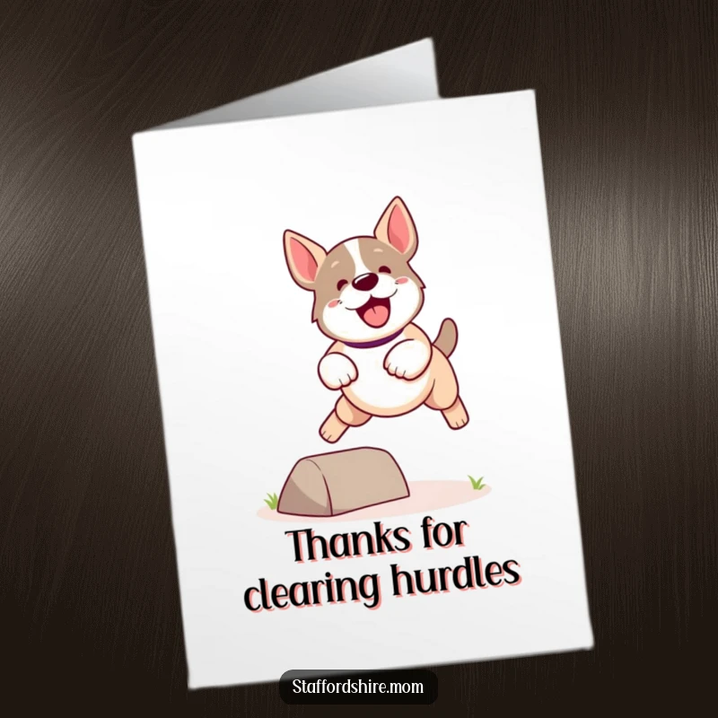 Funny Free Printable Thank You Card: Kawaii Staffordshire dog caught in a high-energy leap, expressing thanks.