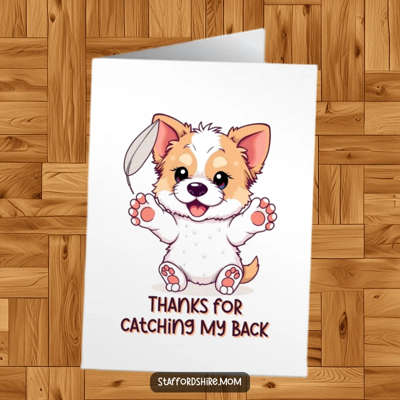 Funny Free Printable Thank You Card: Staffordshire dog catching a floating feather with paws outstretched, a serene downloadable.
