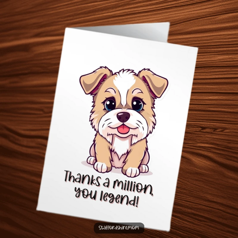 Funny Free Printable Thank You Card: Kawaii Staffordshire Dog looking thankful but plotting a prank, instant joy