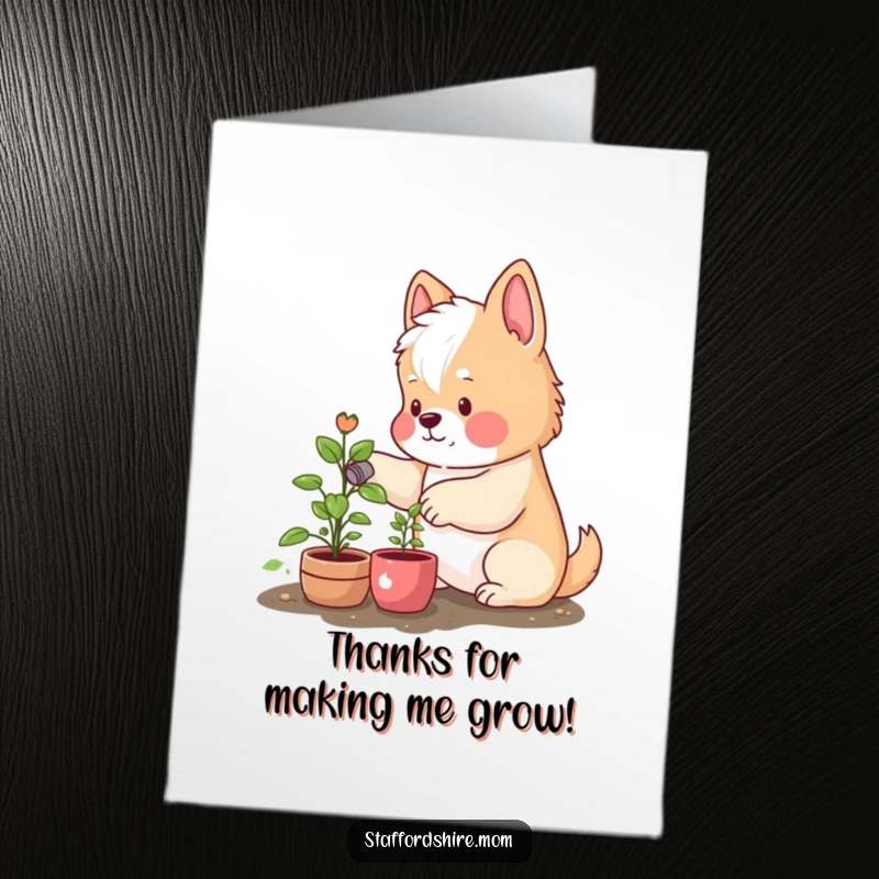 Funny Free Printable Thank You Card: A rosy-cheeked Staffordshire gently waters a small plant, a sweet gesture of thanks.