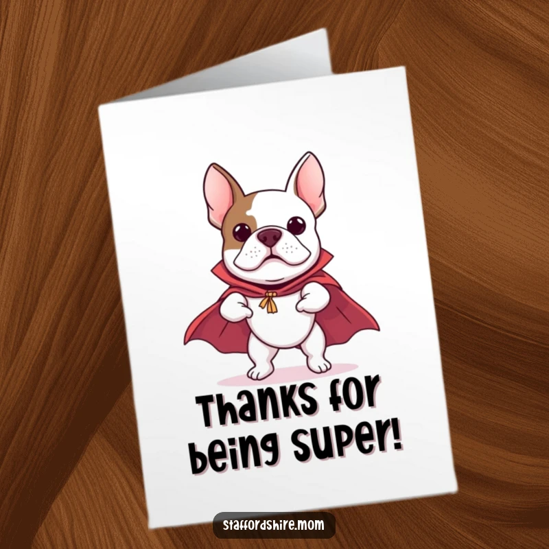Funny free printable thank you card: A Staffordshire Bull Terrier in a superhero cape, flying high to express gratitude.