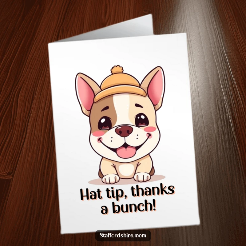 Funny Free Printable Thank You Card: A kawaii Staffordshire terrier with a silly grin, complete with a tiny, festive hat.