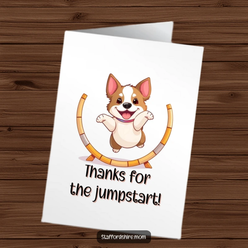 Free Printable Thank You Card featuring a playful Staffordshire dog jumping with extreme excitement through a hoop, showing gratitude.