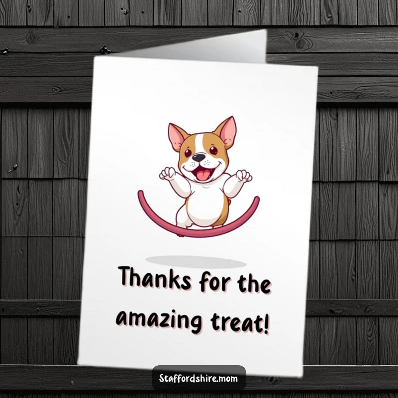 Funny Free Printable Thank You Card: A cheerful Staffordshire bull terrier executes a dynamic jump through a hoop, conveying thanks.