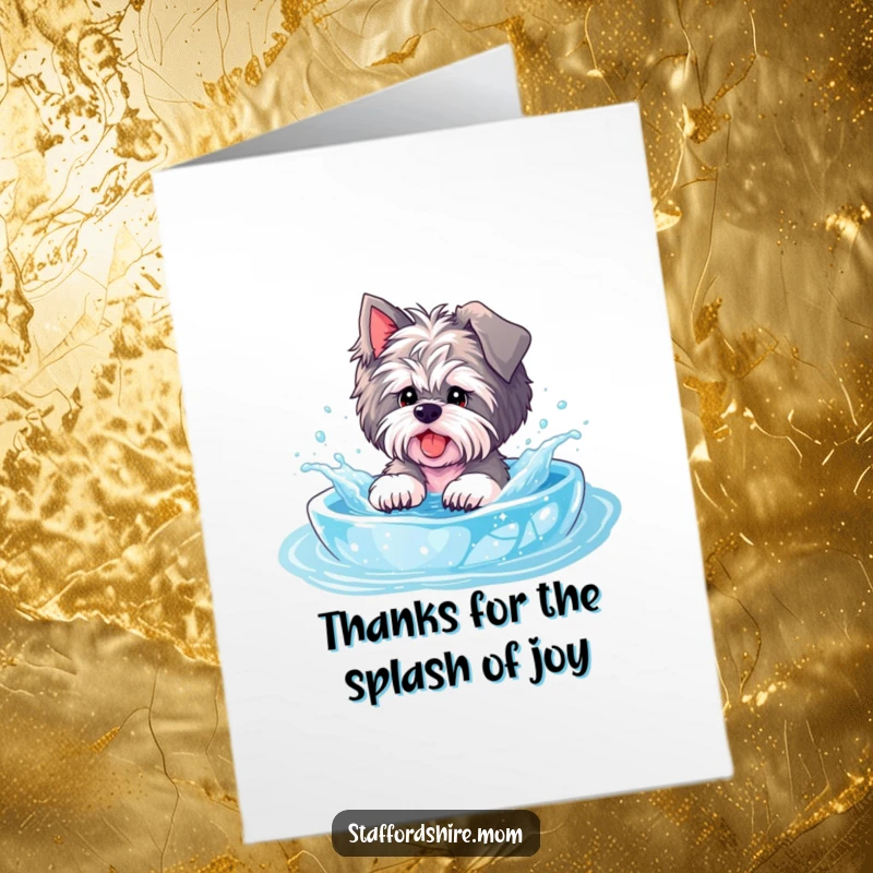 Funny Free Printable Thank You Card: A happy Staffordshire dog playfully splashes in a sparkly, bubbly pool, radiating joy.