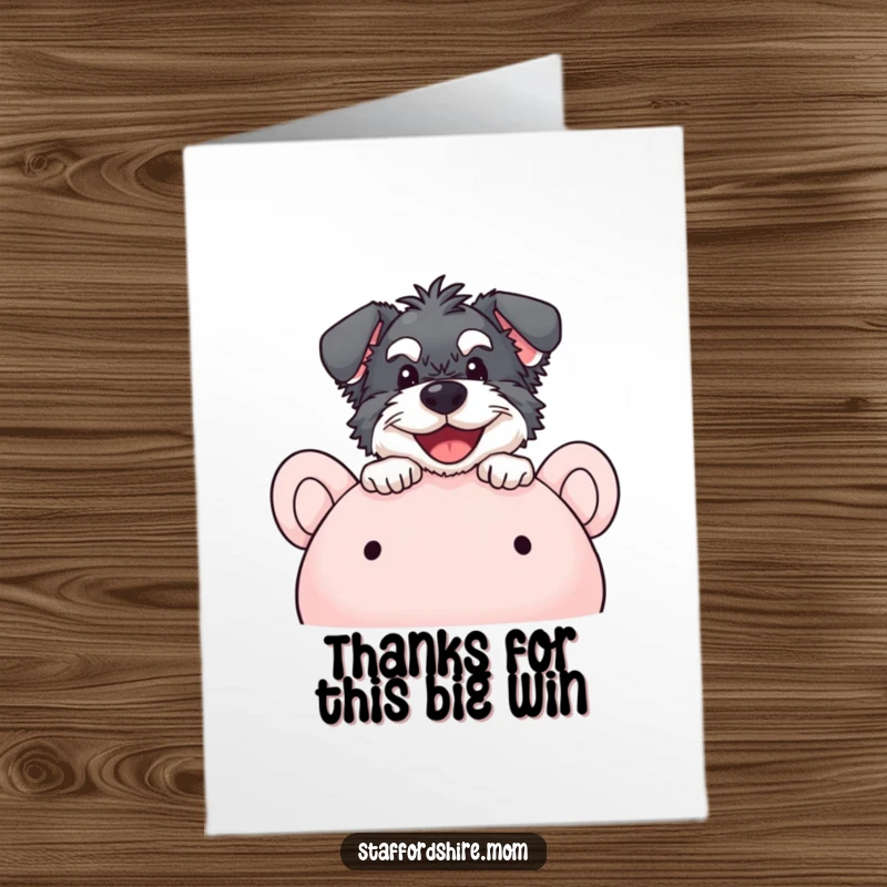 Funny Free Printable Thank You Card: A Staffordshire dog peeking over a giant plush toy with endearing eyes, perfect for thanks.