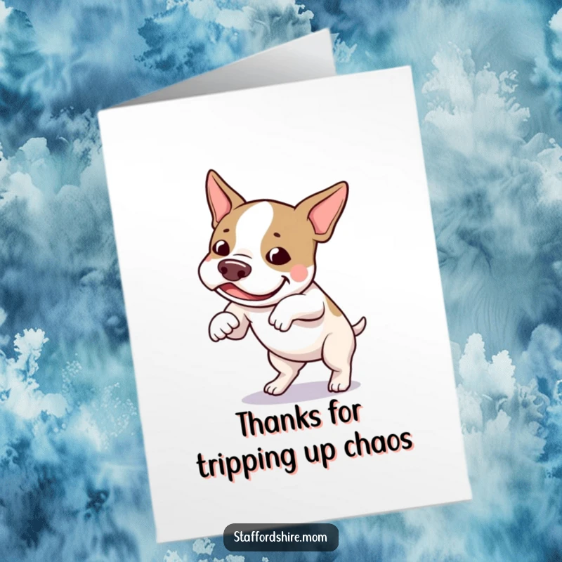 Funny Free Printable Thank You Card: A clumsy Staffordshire bull terrier tripping playfully, with a grin.