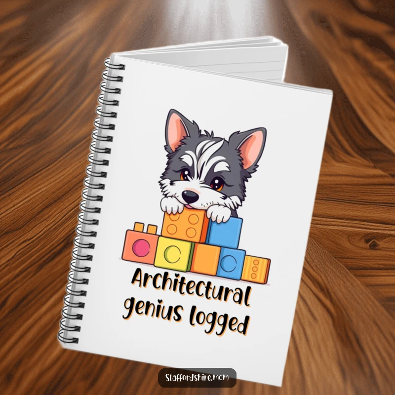 Funny Staffy building blocks notebook with a dog peeking over blocks, perfect for jotting down ideas with humor.