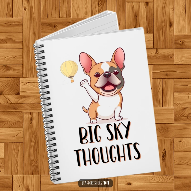 Funny Staffordshire bull terrier notebook showing an excited dog energetically waving at a hot air balloon in the sky.