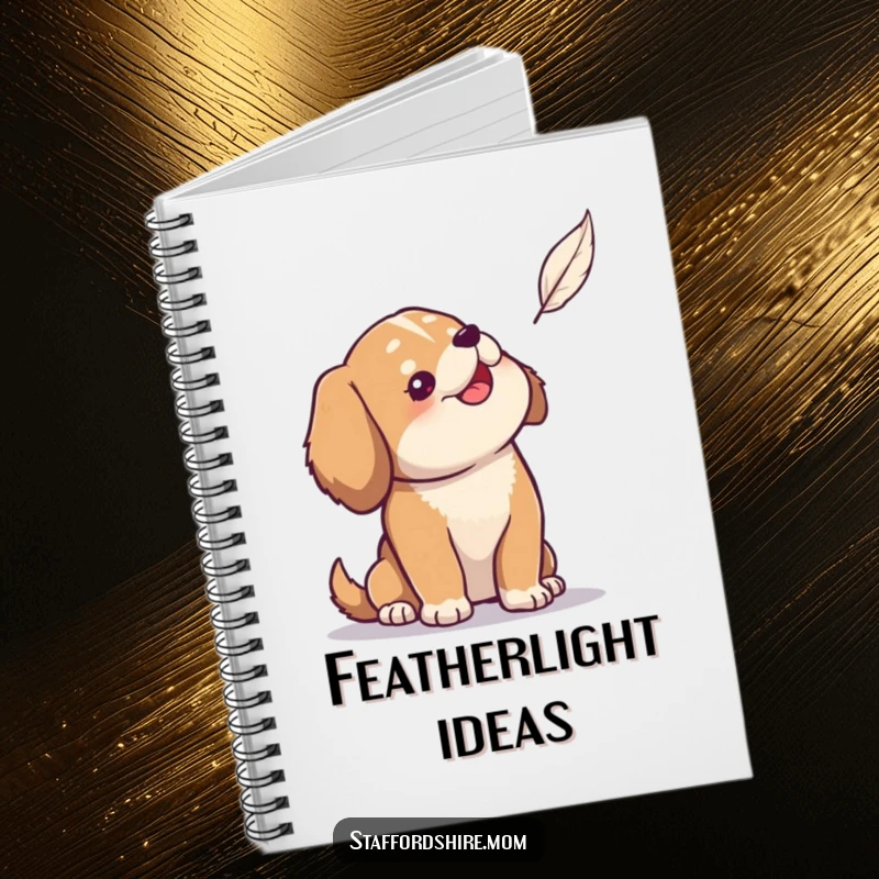 Funny notebook with a solid build dog looking up with gentle amusement at a single feather.