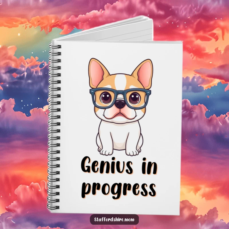 Funny Staffordshire terrier wearing oversized glasses, looking curiously intellectual on this smart and humorous notebook.