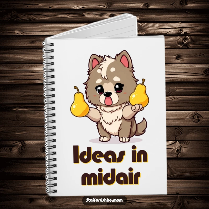 Funny Staffy juggling notebook with a determined dog juggling glowing pears, perfect for planning with focus.