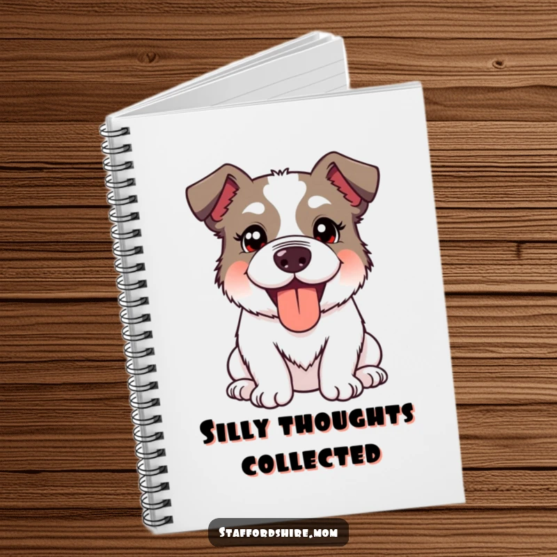 Funny Kawaii Staffordshire Dog Notebook featuring a cute dog with a silly, happy expression and panting tongue out, for fun notes.