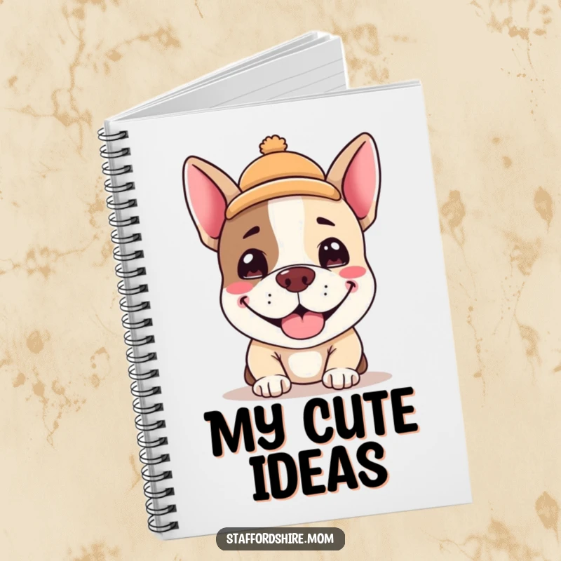 Funny Kawaii Staffordshire terrier notebook, an adorable dog with a silly grin and a tiny hat, perfect for writing and as a funny gift.