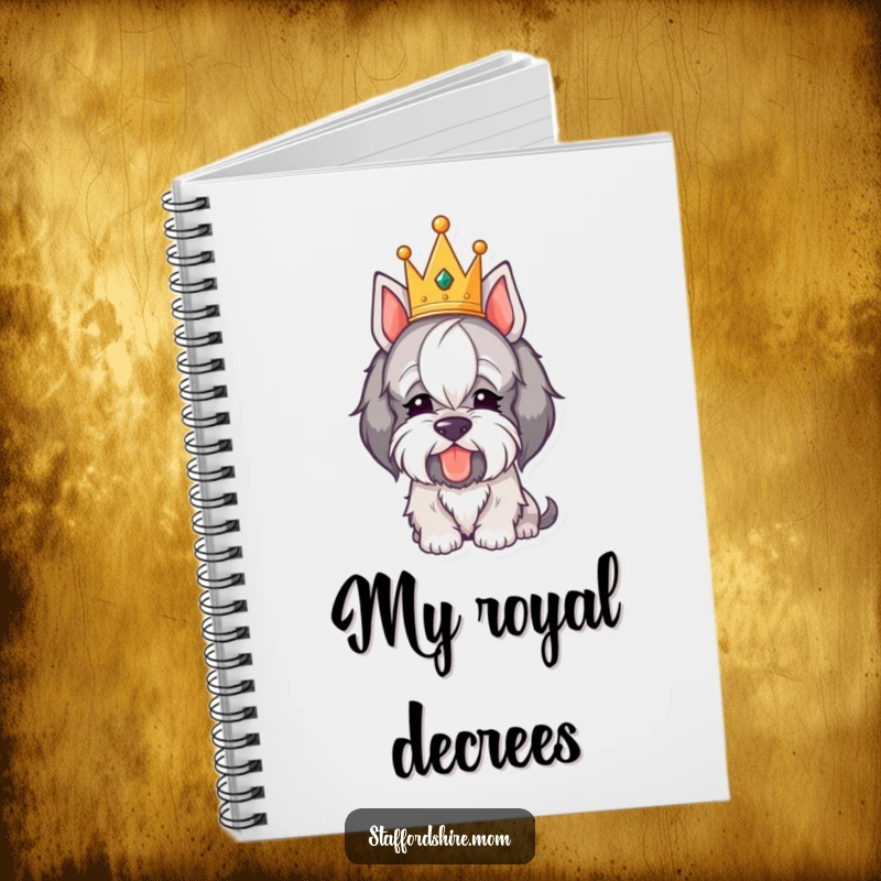 Funny Royal Staffordshire Notebook: A notebook with a crowned dog character humorously bowing its head, ideal for important notes.