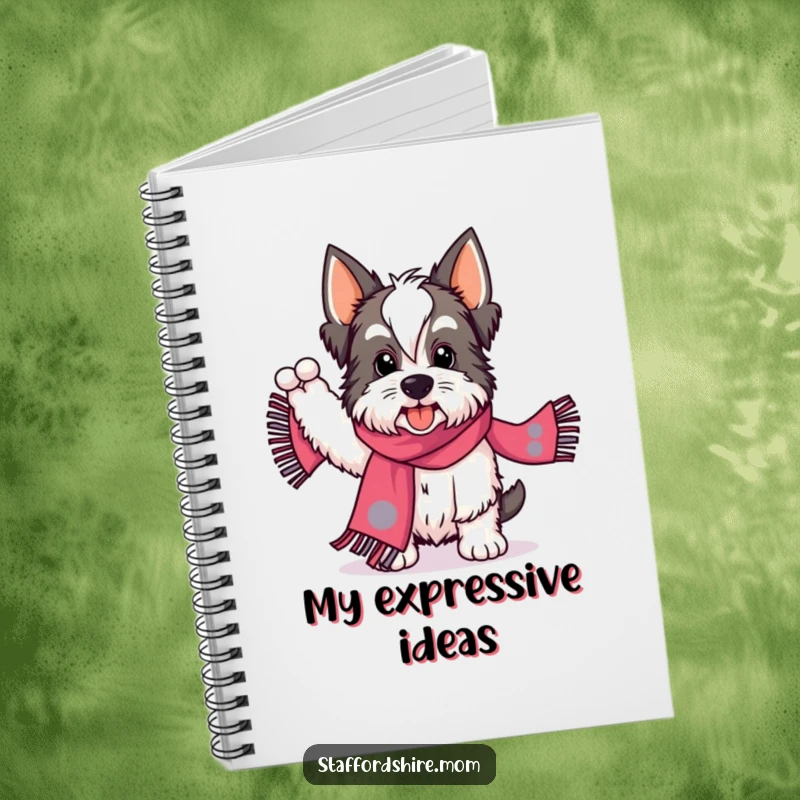 Funny Staffordshire notebook featuring a dog enthusiastically waving a patterned scarf, perfect for jotting down energetic ideas.