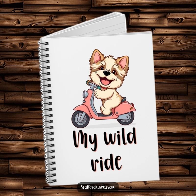 Funny Staffordshire notebook, giggling dog, riding scooter, large paws, humorous stationery, pet journal, great funny gift.