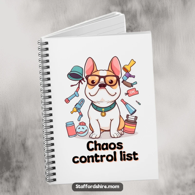 Funny Staffy notebook featuring a Staffordshire Bull Terrier balancing items, ideal for notes.