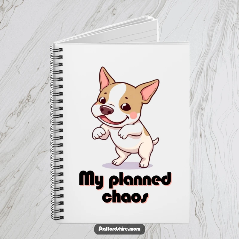 Funny Staffordshire bull terrier notebook showing a dog hilariously tripping over its feet with an amused and happy expression.