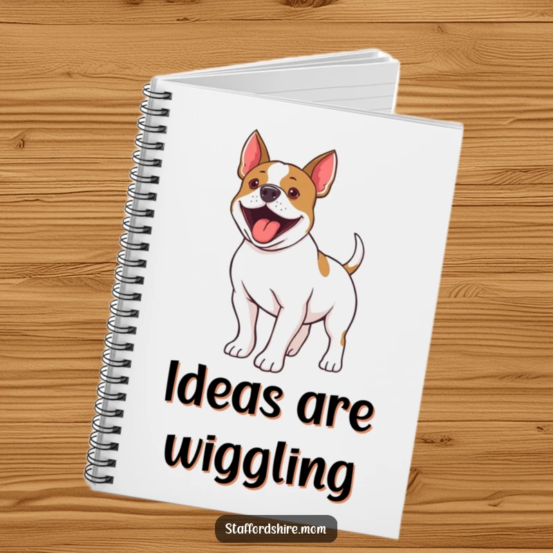 Funny Staffordshire Bull Terrier notebook with a dog's excited tail wiggle, perfect for jotting down notes with humor.