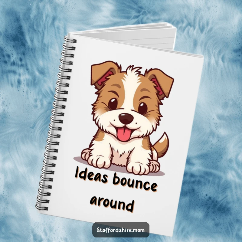 Funny Kawaii Staffordshire dog notebook featuring an energetic pup with a bouncing head, perfect for capturing lively thoughts and ideas.