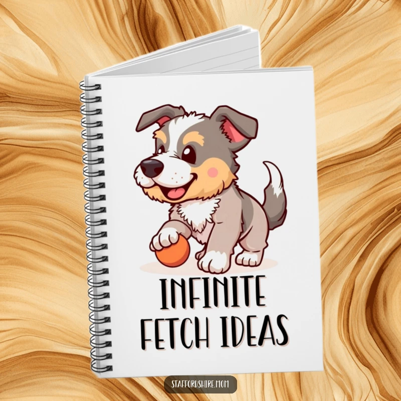 Funny Staffordshire notebook, dog playing fetch, wagging tail, humorous stationery, pet-themed journal, great funny gift.