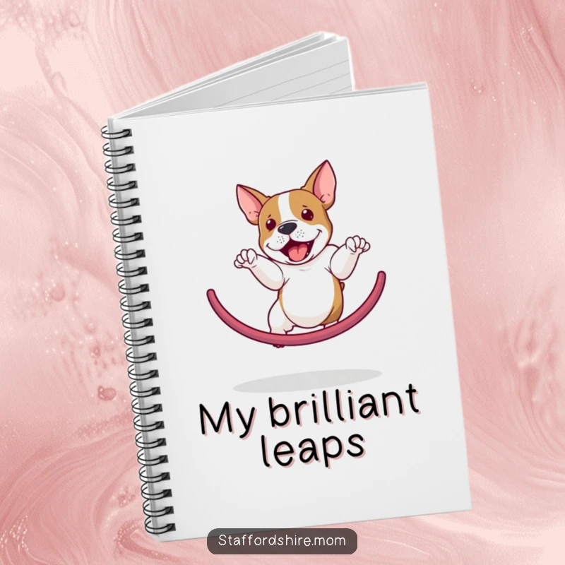 Funny Staffordshire Bull Terrier notebook with a dog jumping through a hoop, designed for jotting down thoughts and inspiration.