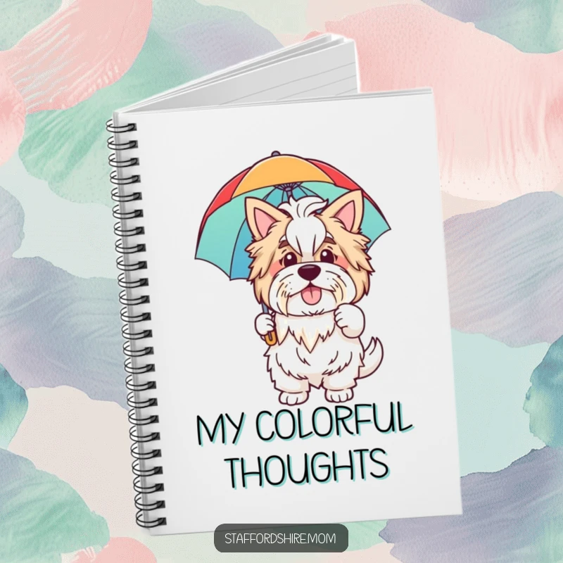 Funny notebook with a friendly Staffordshire dog waving hello and holding a rainbow umbrella, ideal for jotting down notes and happy thoughts.