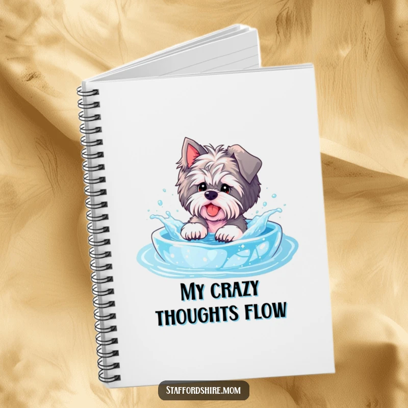 Funny Staffordshire notebook, a dog splashes in a pool, encouraging playful note-taking and effervescent ideas.